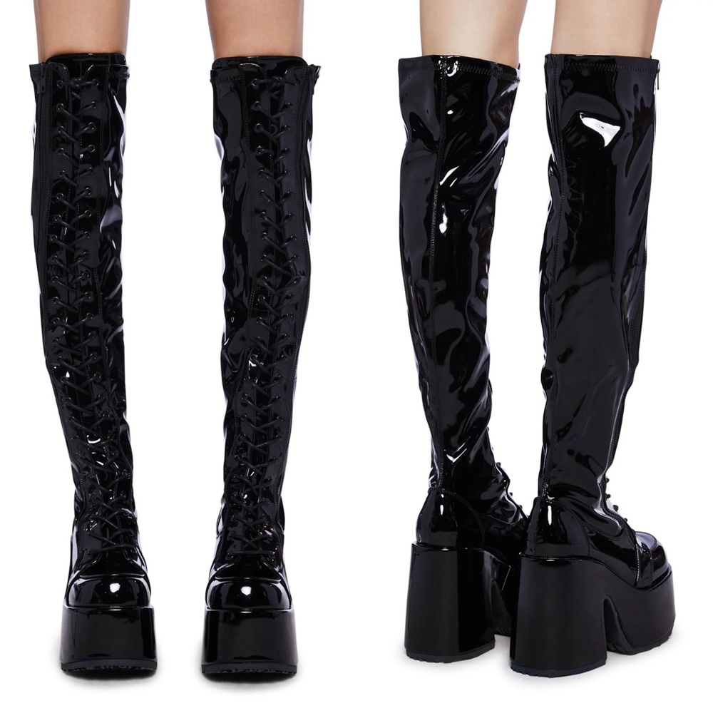 Demonia Camel 300 Mistress May Patent Leather Thigh High Chunky Platform Boots